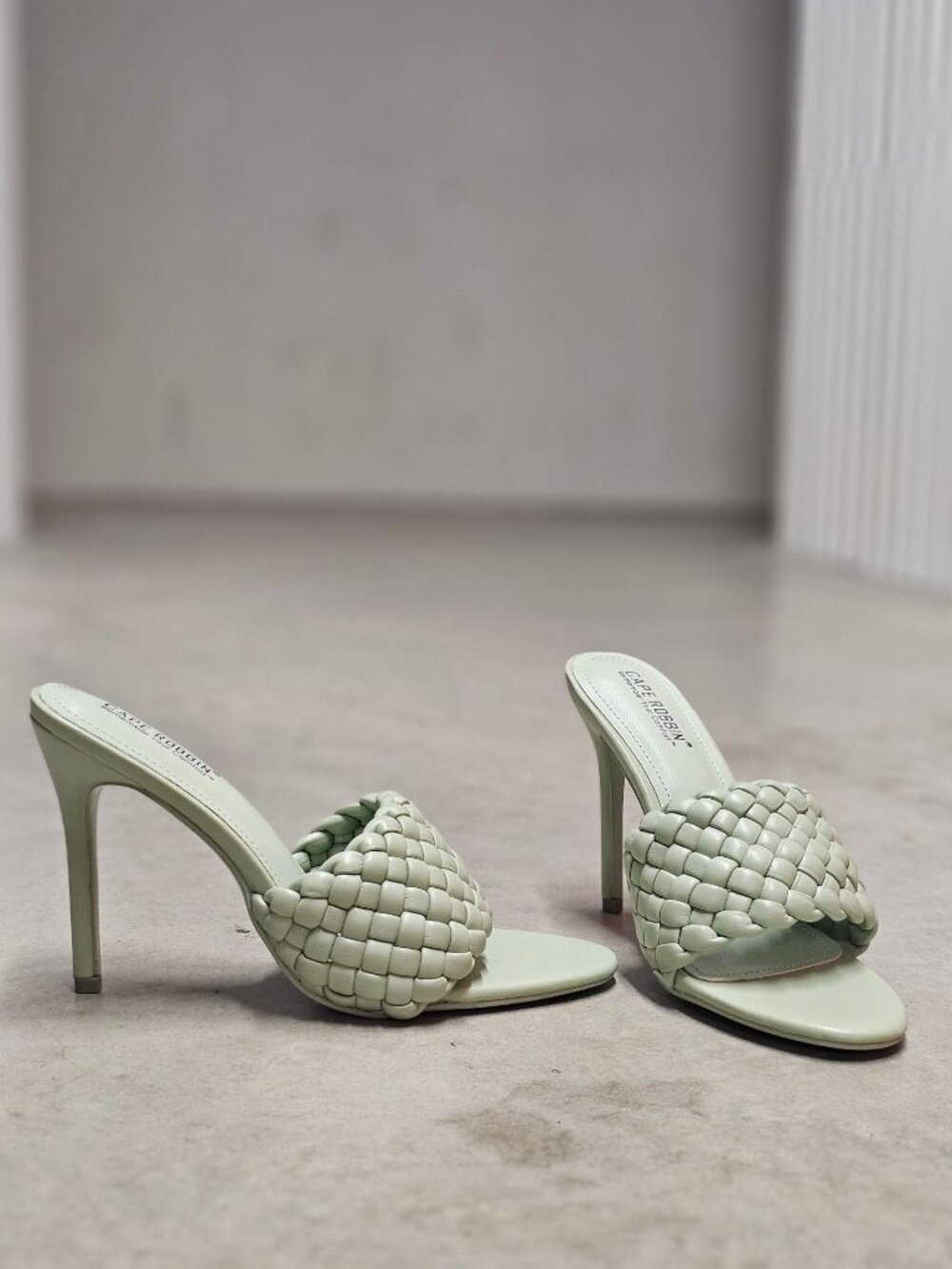 Woven Sage Green High Heel Mules With Padded Straps - Elegant Slip-On Design For